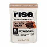 Rise Grass-Fed Whey Chocolate Almond bag showing premium ingredients