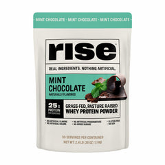 Rise Grass-Fed Whey Mint Chocolate bottle—premium protein for an active day.
