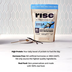 Rise grass-fed whey vanilla label close-up highlighting natural ingredients
