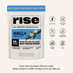 Rise Grass-Fed Whey Vanilla shaker cup, convenient mix during training sessions.