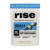 Rise Grass-Fed Whey Vanilla tub front, ideal for post-workout refuel.