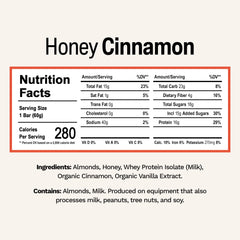 Rise honey cinnamon whey bar front view highlights 18g protein for post-workout recovery.