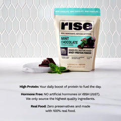 Rise Mint Chocolate whey pour—delicious shake after workouts.