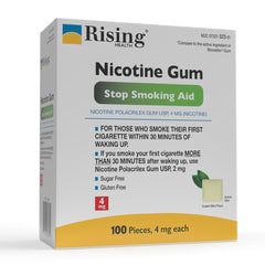Rising Health 4 mg nicotine gum packaging box shown for convenient quit aid use