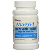 Rising Mag64 bottle with magnesium chloride calcium tablets, easy-to-swallow daily mineral supplement.