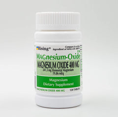 Rising Magnesium Oxide 400mg bottle front supports daily mineral balance.