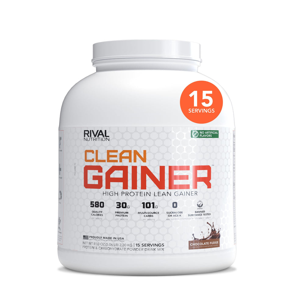 Rival Nutrition Clean Gainer bottle with chocolate fudge flavor for lean mass support