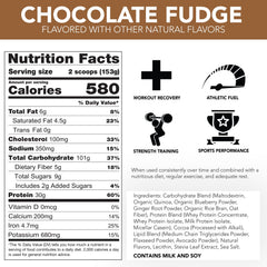 Powder scoop over ingredients panel emphasizes multi-source carbs and protein blend