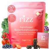 Rizz Green Gummies bottle front showing sugar-free vegan nutrition for daily wellness.