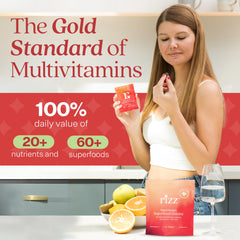 Rizz Green Gummies ingredients panel highlighting 60+ superfoods and fiber support