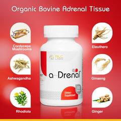 RLC Labs a-Drenal capsules close-up highlighting herbal ingredients.