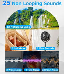 Rohent sound machine interface shows 25 sleep sounds for personalization