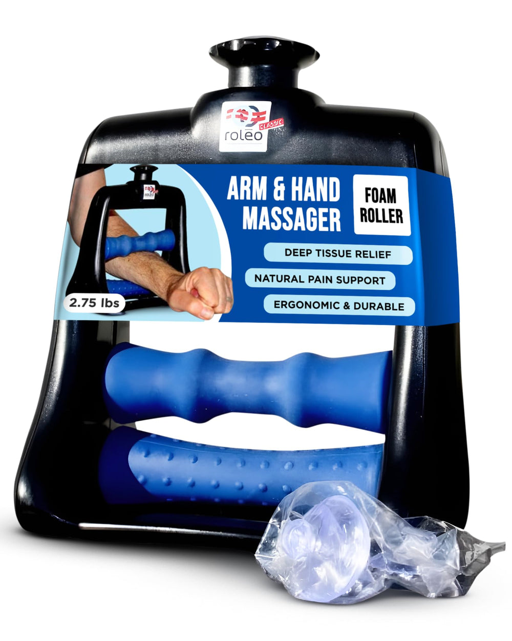 Roleo arm and hand massager roller delivering deep tissue forearm pressure.