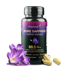 Rolphood saffron extract bottle shows 88.5 mg per serving for mood and energy.