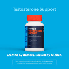 ROMAN Ro Testosterone Support packaging showing 120 tablets for daily use