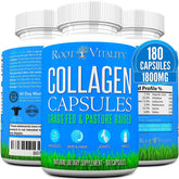 Root Vitality collagen capsules bottle closeup for convenient daily beauty support.