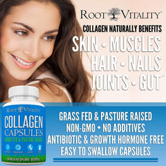 Root Vitality collagen capsules pour into glass illustrating easy mix into drinks.