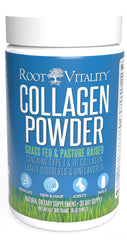 Root Vitality Collagen Peptides Powder tub highlights grass fed formula for daily skin support
