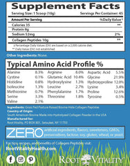 Root Vitality grass-fed collagen bottle with scoop showing easy daily smoothie mix.
