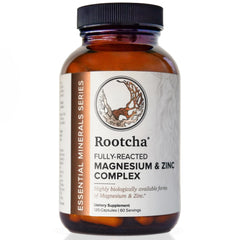 Rootcha Potent & Pure bottle shows clear dosing for daily magnesium and zinc.