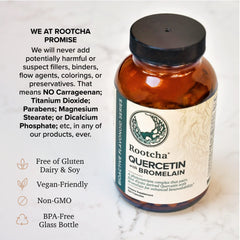 Rootcha Quercetin with Bromelain capsule close-up highlighting natural flavonoid ingredients for balanced wellness.