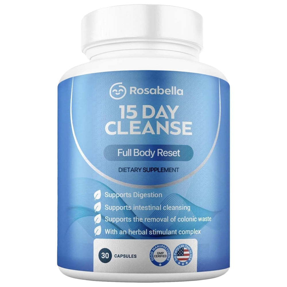 Rosabella 15 Day Cleanse bottle for gentle daily digestive support.
