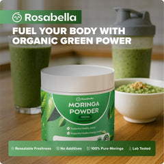 Polvo finamente molido de Rosabella Moringa, sin grumos.