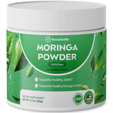 Polvo verde de Rosabella Moringa, textura suave para batidos y bebidas.