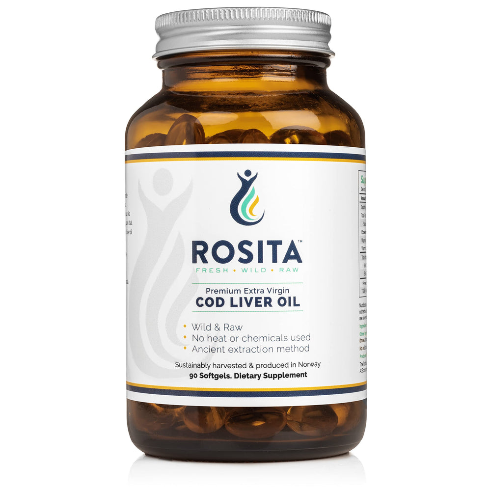 Rosita cod liver oil softgels front view; supports daily omega-3 intake.