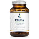 Rosita cod liver oil softgels front view; supports daily omega-3 intake.