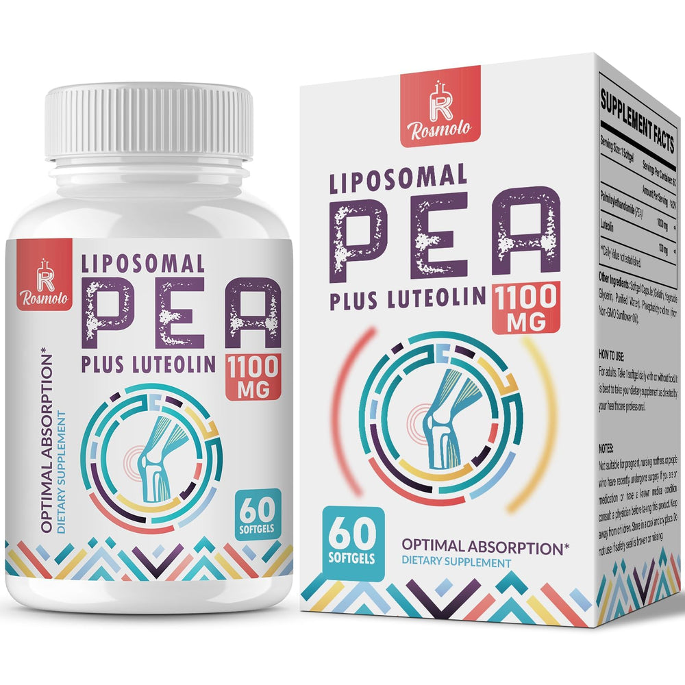 Rosmolo liposomal PEA and luteolin bottle demonstrates enhanced absorption for daily use.