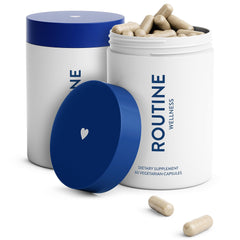 Routine Wellness Hair Growth Supplement bottle front shows branding and suggested use for thicker hair.