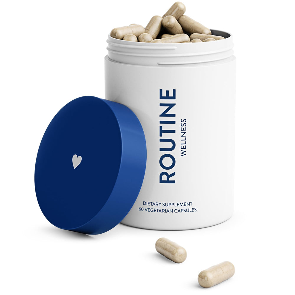 Routine Wellness hair growth supplement bottle, supports daily nourishment for healthier-looking hair.