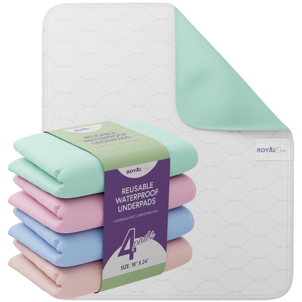 Royal Care bed pad 18x24 inch four-pack protects mattresses during night incontinence.