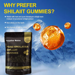Royalee Nutra Pure Himalayan Shilajit Gummies close-up shows natural color and chewy texture.