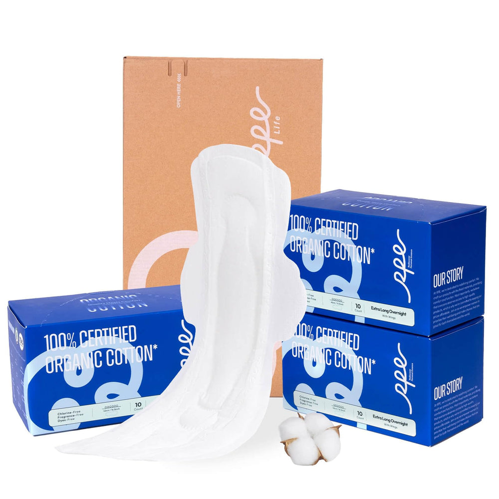 RPE Life overnight pad with wings extended for reliable nighttime protection.