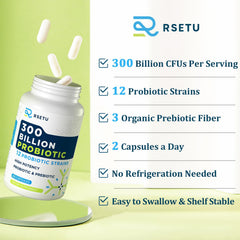 RSETU 12-strain probiotic label highlights diverse digestive benefits.