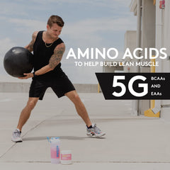Shaker with AminoLean mixed in water demonstrates easy hydration on workout days.
