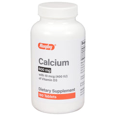 Rugby 600mg calcium tablets bottle ready for daily supplementation.