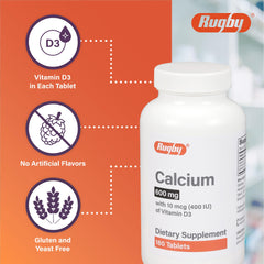 Rugby calcium 600mg tablets ingredients page with calcium carbonate and vitamin D3.