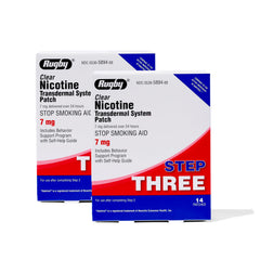 Rugby Clear nicotine patch on skin delivering 7 mg over 24 hours.
