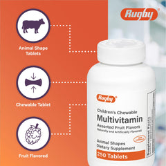 Rugby Laboratories Children's Multivitamin front of pack shows flavors and key vitamins.