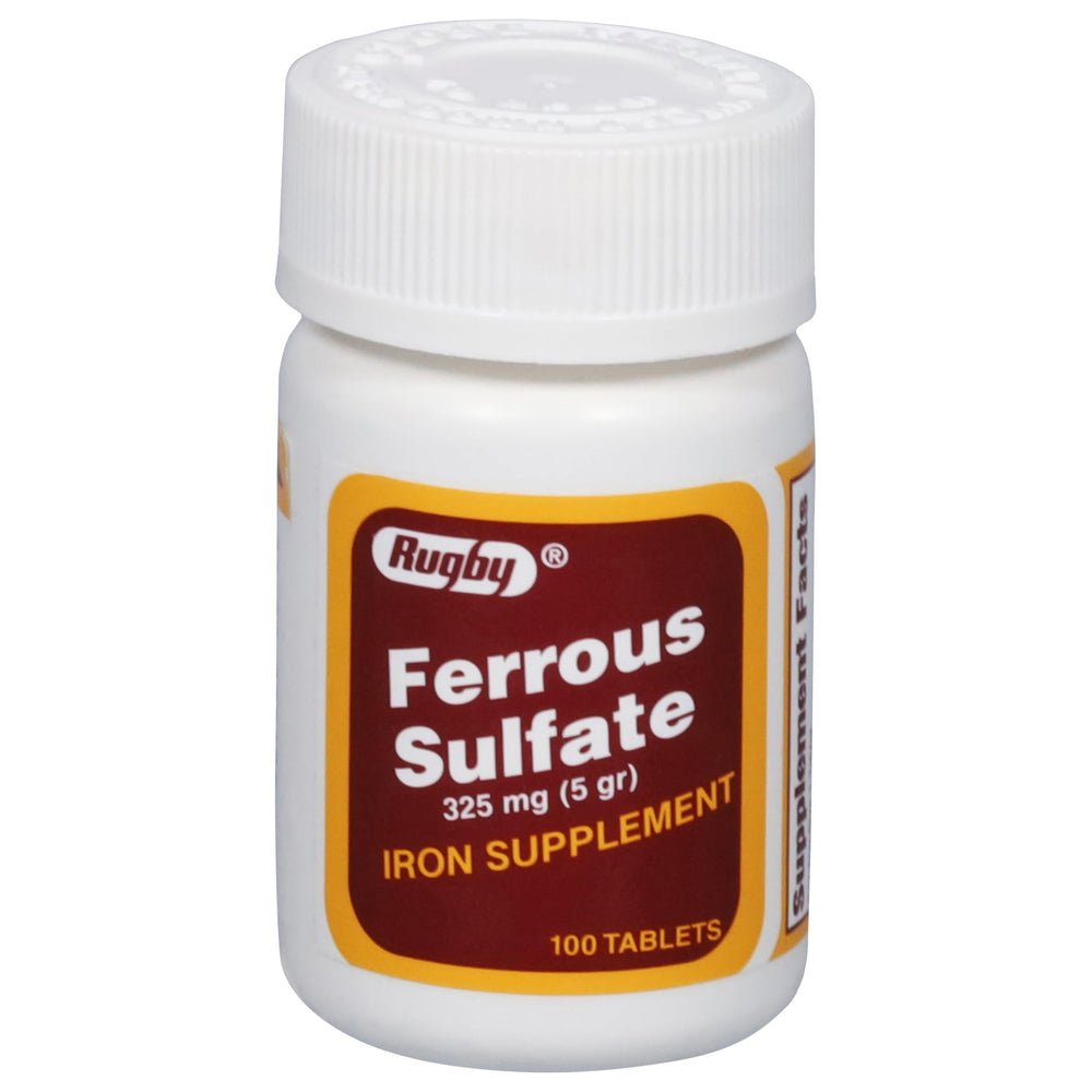 Rugby Laboratories Ferrous Sulfate tablets front view showing daily iron support