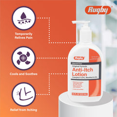 Rugby Laboratories loción con efecto refrescante de mentol y alcanfor para piel.