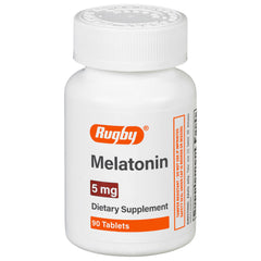 Rugby Laboratories melatonin bottle front, 5 mg tablets for nighttime use