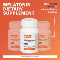Rugby Laboratories melatonin tablets closeup, highlighting 5 mg dose for bedtime use