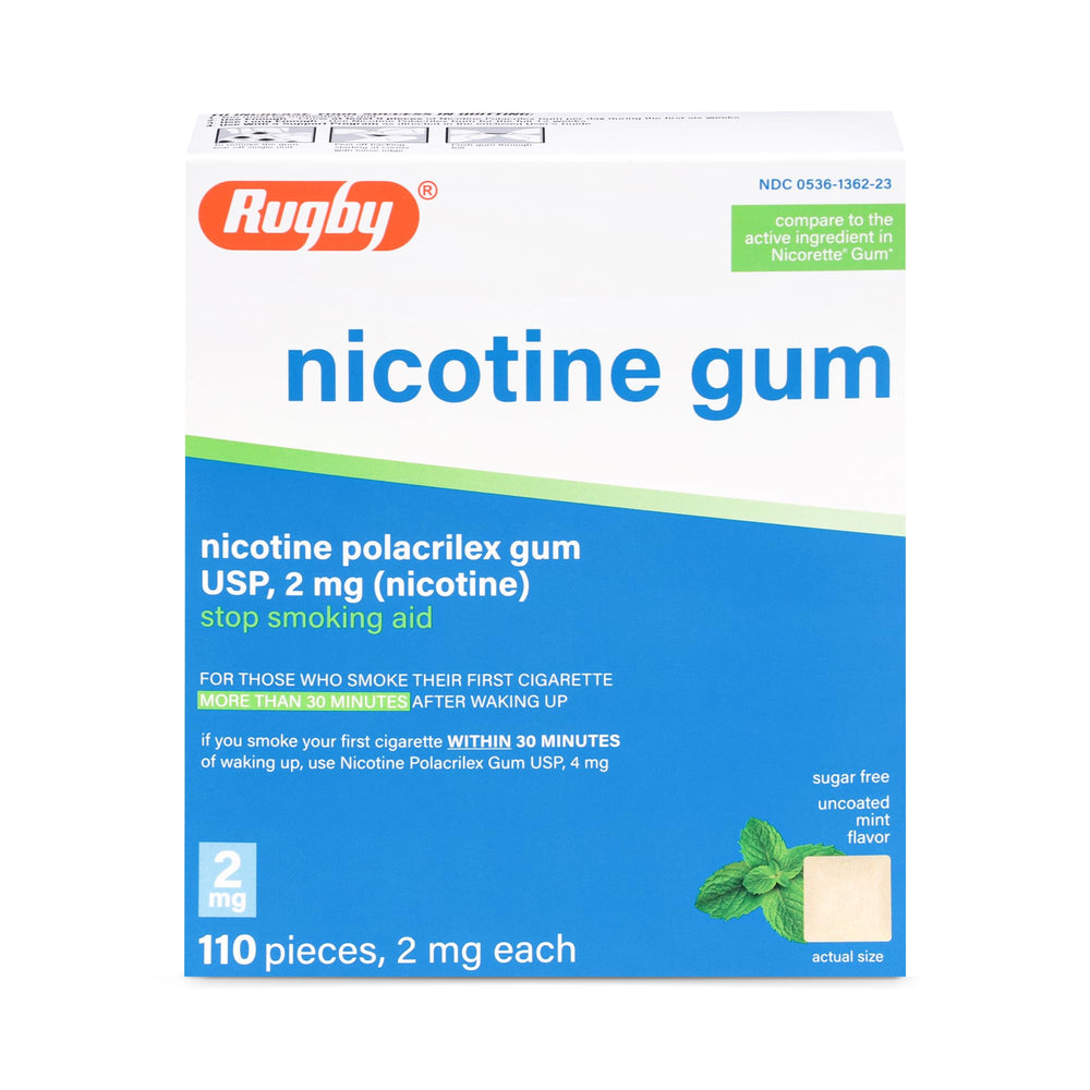 Rugby Laboratories Polacrilex 2mg Mint gum bottle for on-the-go craving relief.