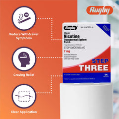 Rugby Clear patch on upper arm illustrates 7 mg nicotine delivery over 24 hours.