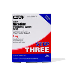 Rugby Clear nicotine patch Step 3 packaging offers discreet, single-pack support for quit planning.