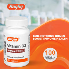 Rugby Laboratories Vitamin D3 bottle label highlights gluten-free formula and daily support.